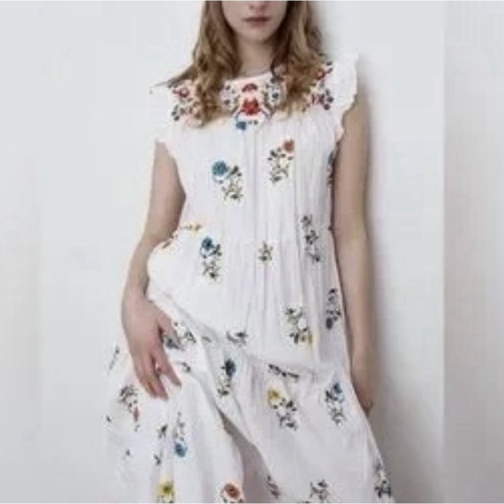 Zara Womens Boho Embroidered Maxi Dress Size S White Floral Flutter Sleeve